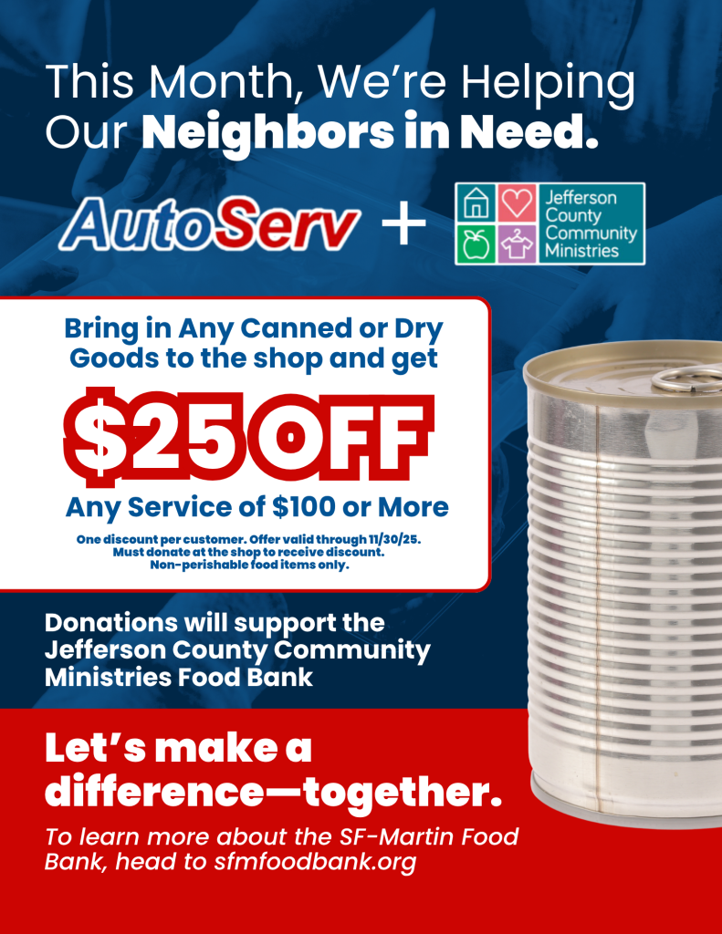 Food drive offering $25 off with canned goods donation.